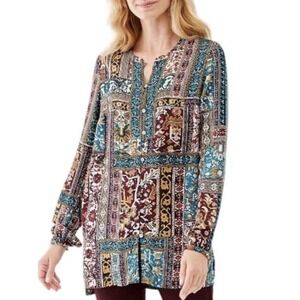 J.Jill Tunic Women Medium Patchwork Pattern Button Front Multicolored Blouse New